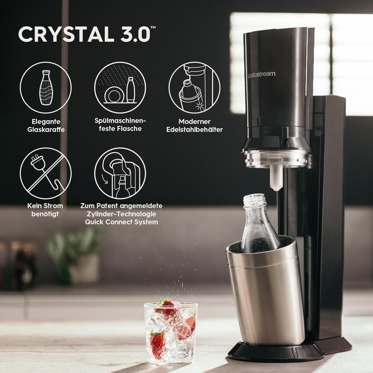 Wassersprudler Crystal 3.0 Quick-Connect CO2-Zylinder und 1x Glaskaraffen, Silber, Schwarz/Titan, 45 cm