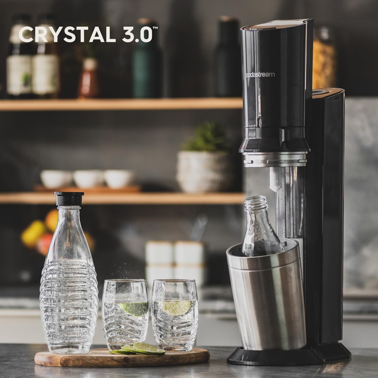 Wassersprudler Crystal 3.0 Quick-Connect CO2-Zylinder und 1x Glaskaraffen, Silber, Schwarz/Titan, 45 cm